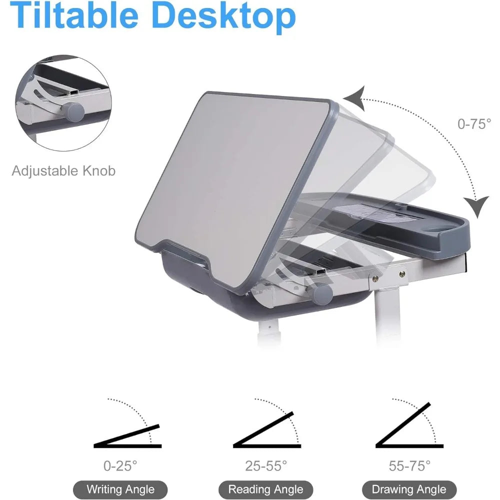 Child's Height Adjustable Table and Chair Set With Tilt Desktop, Storage Drawer, LED Light