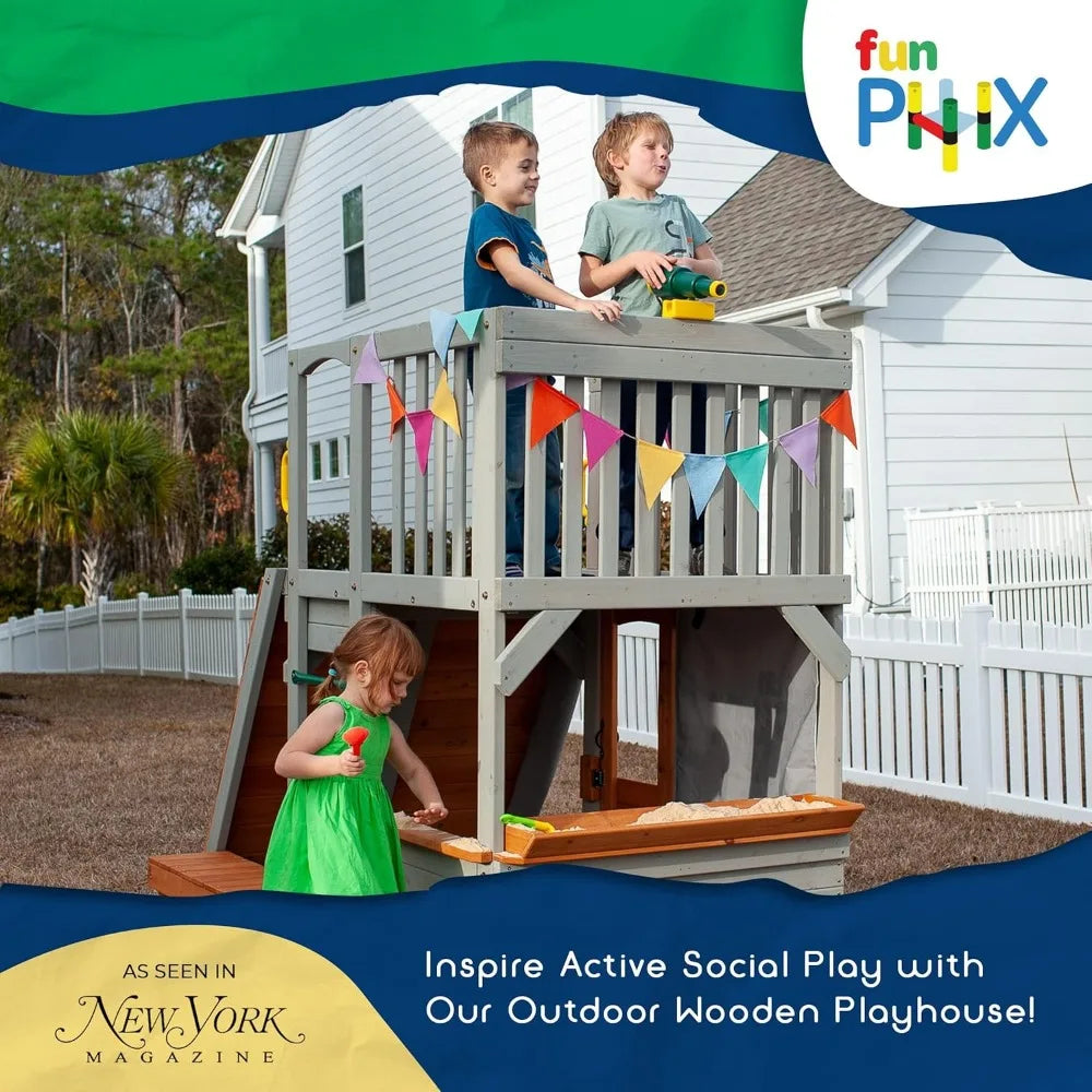 Kids Wooden Outdoor Playhouse with Sandbox, Bench, Play Telescope, Ladder