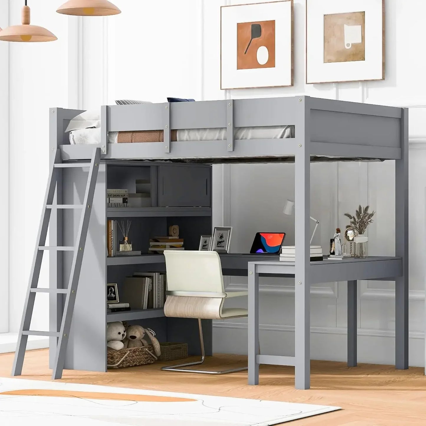 Full Size Loft Bed Frame with Wardrobe and Desk