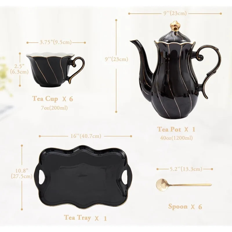 14 pcs Tea Set for 6 with Tea Tray & Spoons, Luxury British Style Tea/Coffee Cup Set with Golden Trim