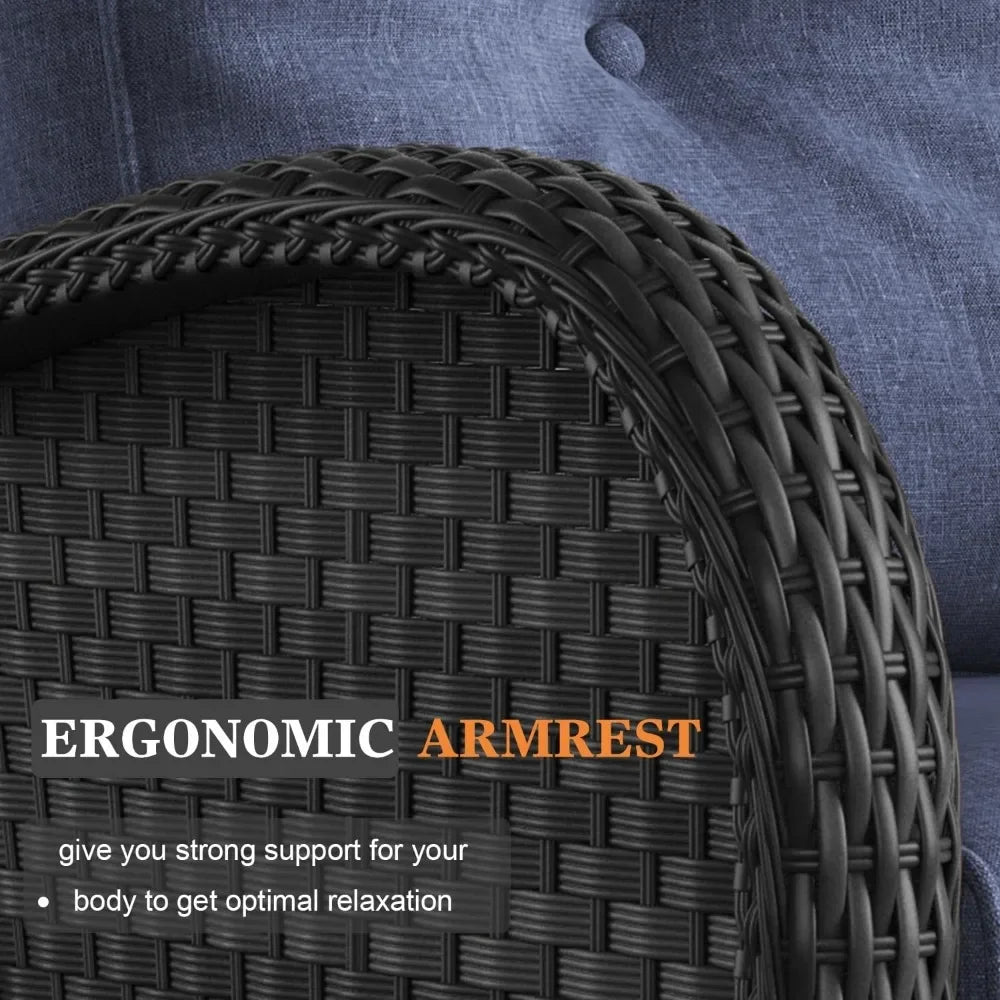 10 Piece High Back Wicker Rattan Patio Set with Fire Pit Table, Black /Navy Blue