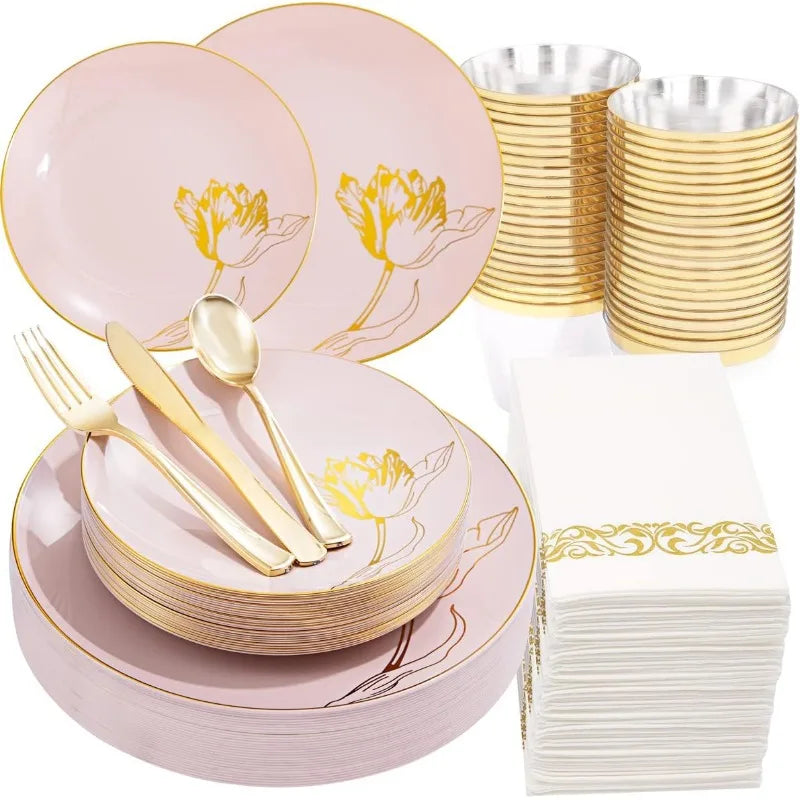 175PCS ELEGANT DESIGN Floral Plastic Disposable Plate Set