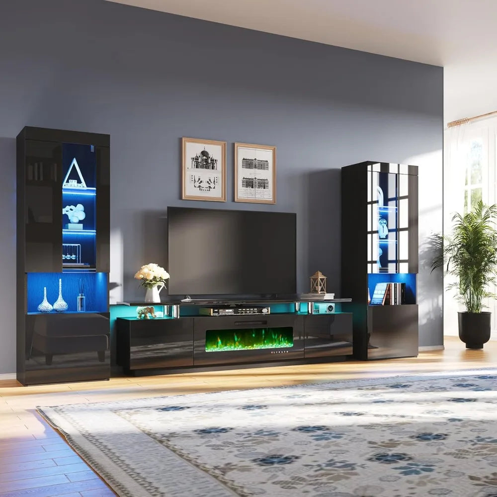 Fireplace and Bookcases, Includes 80" 2-Tier Fireplace TV Stand 40" , 2 x High Gloss Bookshelves LED Lights & Glass Doors