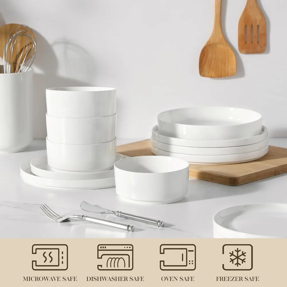 24 Piece Modern White Porcelain Dinnerware Set for 6