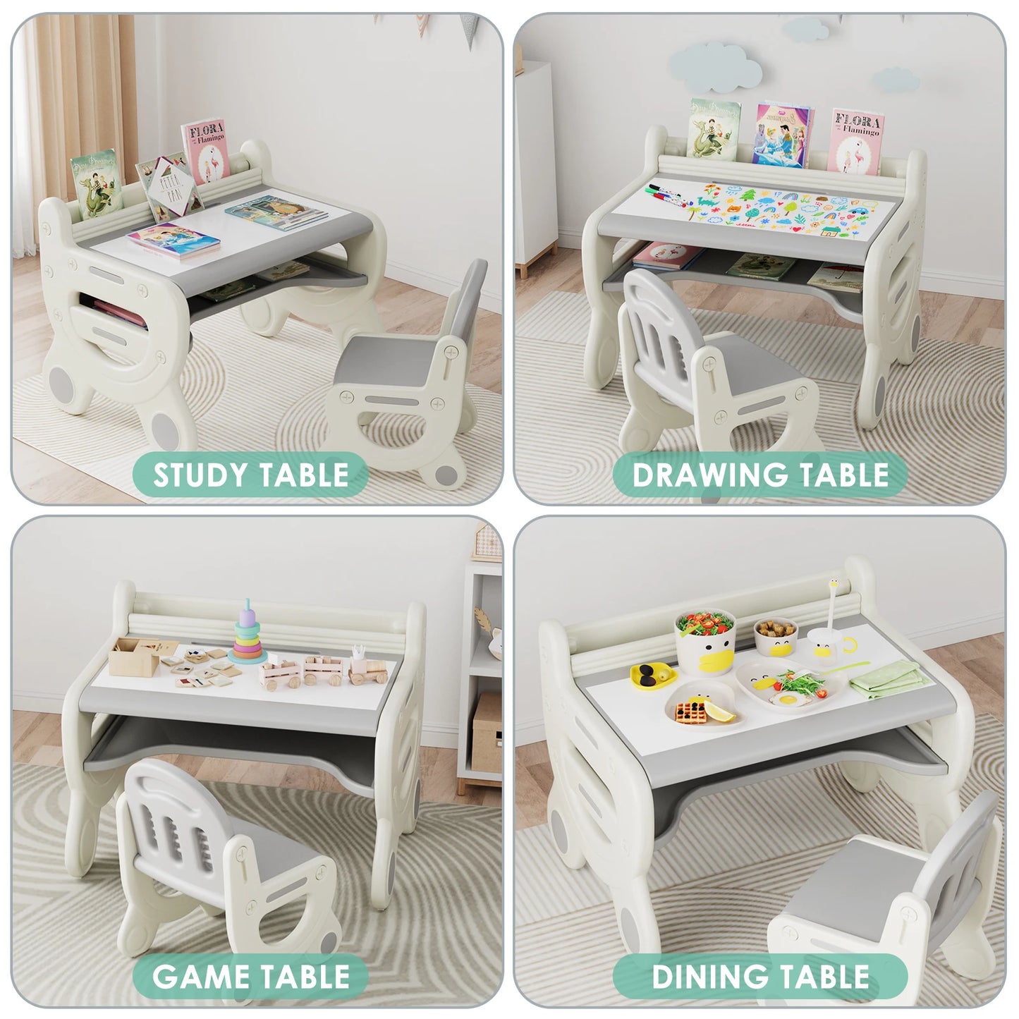 Kids Drawing Table and Chair Set, Gray & White