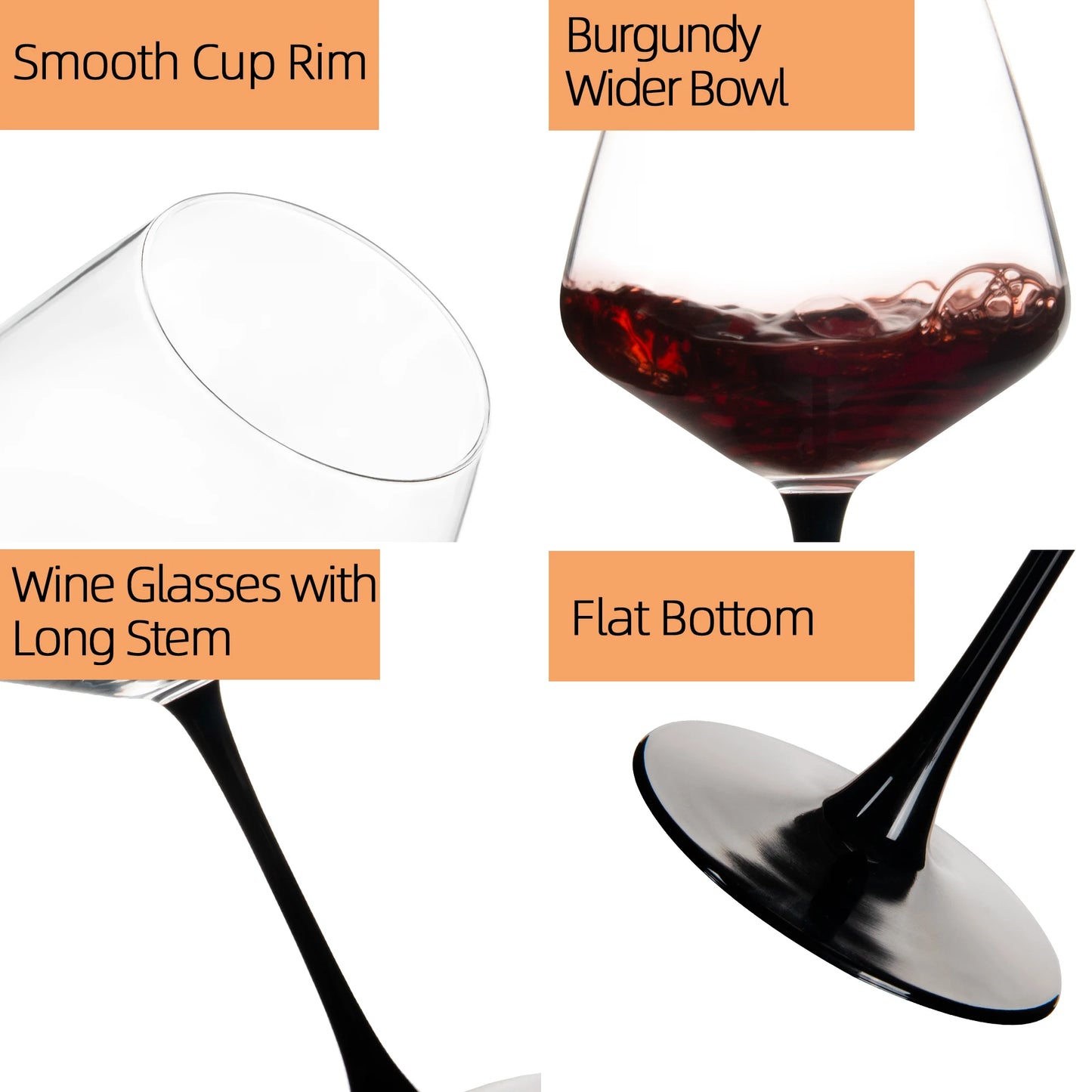 Set of 6, 15.5 Oz Wine Glasses with Black Stem & Base, Dishwasher Safe