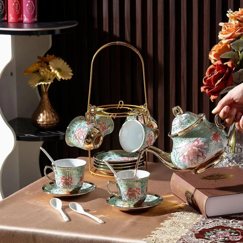 20 Pcs European Porcelain Tea Set with Metal Holder, Service for 6