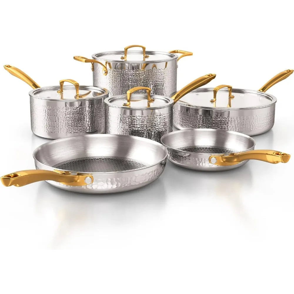 Tri-Ply Stainless Steel Hammered Kitchen Cookware Set, Induction Compatible, Dishwasher and Oven Safe,