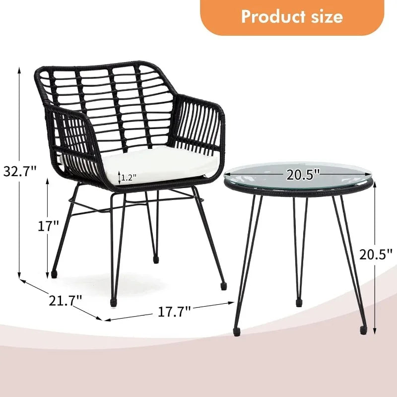 3 Pieces Wicker Patio Bistro Furniture Set, Includes 2 Chairs and Glass Top Table