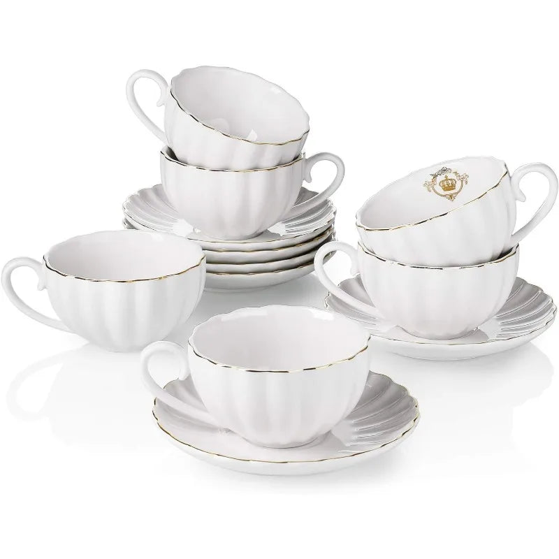 Set of 6 (8 oz)- Royal Tea Cups and Saucers, with Gold Trim and Gift Box, Porcelain Tea Set