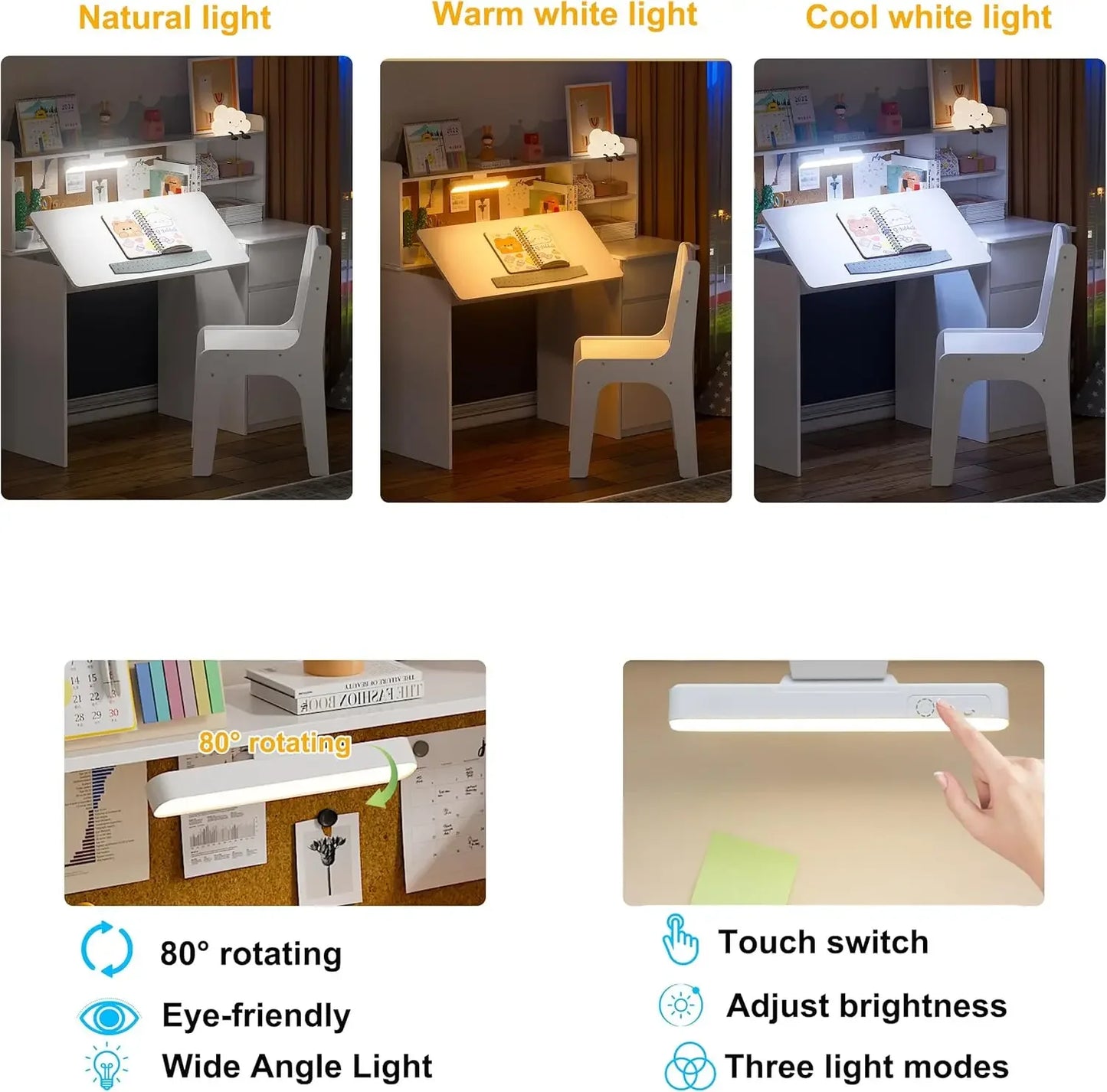 Kid's Study Desk with 3-Color Lights, Tiltable Desktop