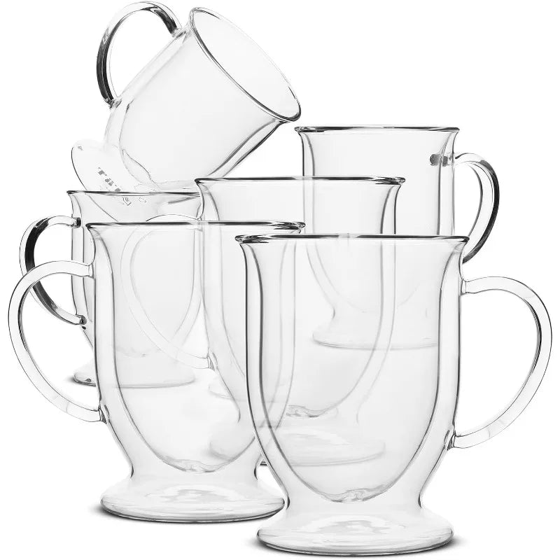 Set of 6, 12 oz, Double Wall, Insulated Glass Coffee Mugs