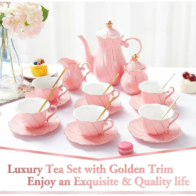 22 pcs Porcelain Tea Set for 6, Luxury British Style Tea/Coffee Cup Set with Golden Trim