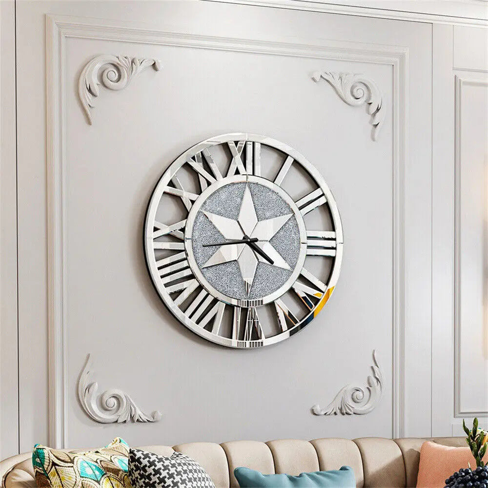 Battery Operated Decorative Silver Glass Crush Diamond Wall Clock with Roman Numerals