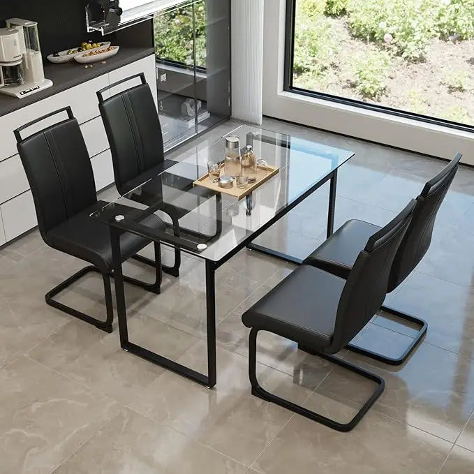 Modern Rectangle Glass Top Dining Table Set