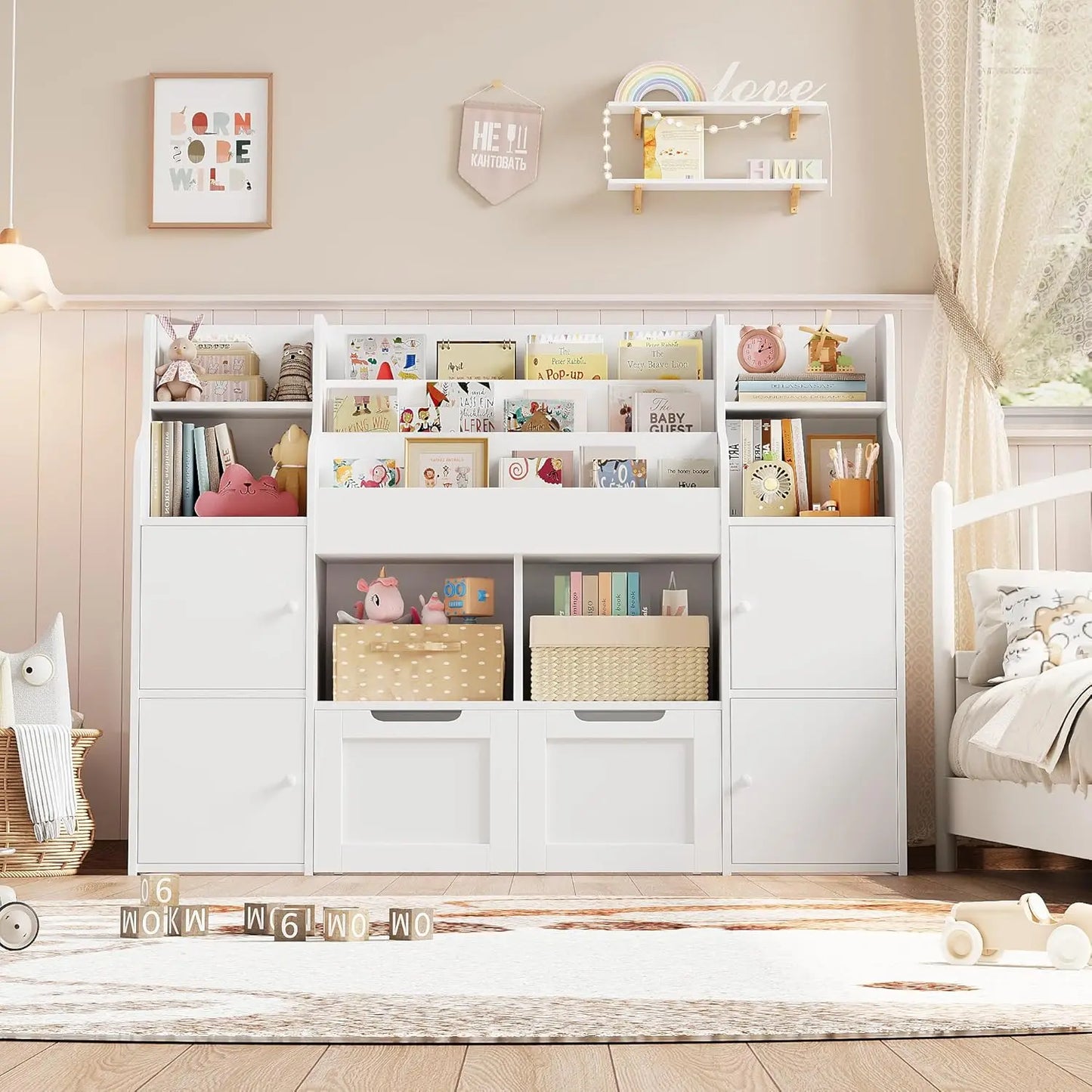 Large Toy Organizer and Storage with 8 Storage Cubbies and 2 Movable Drawers