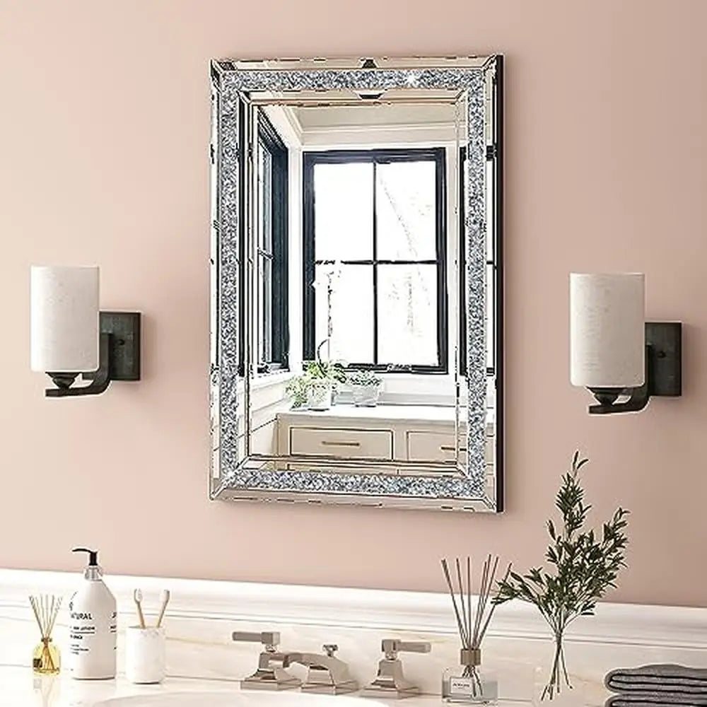 32x24 Silver Luxury Crushed Diamond Beveled Wall Mirror