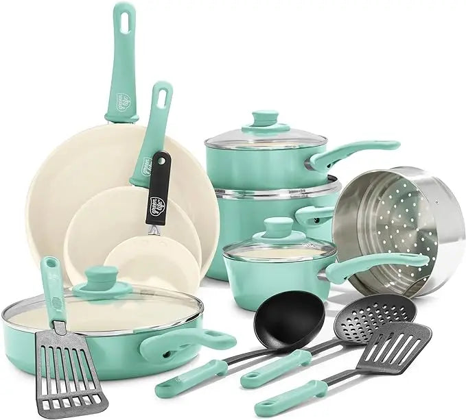 GreenLife- 16 Piece Soft Grip Healthy Ceramic Nonstick Cookware Set (Assorted Colors)