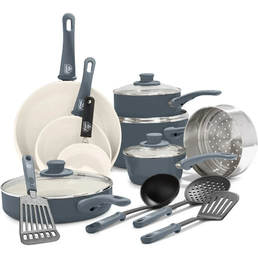 Ceramic Nonstick 16 Piece Kitchen Cookware Set, with Kitchen Utensils and Lid- Assorted Colors