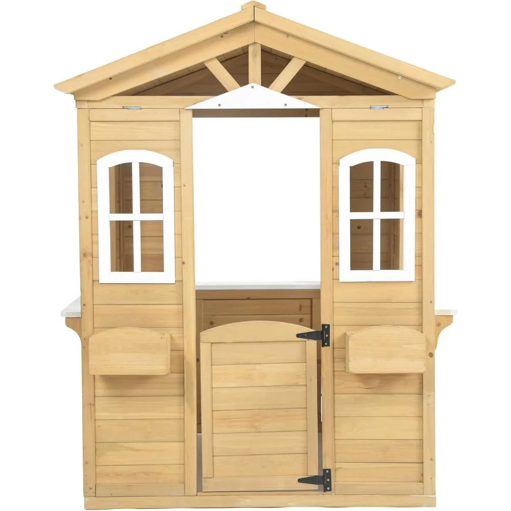 Country Style Playhouse with Working Door, Service Stations, Natural,39" L X 38" W X 55.5" H