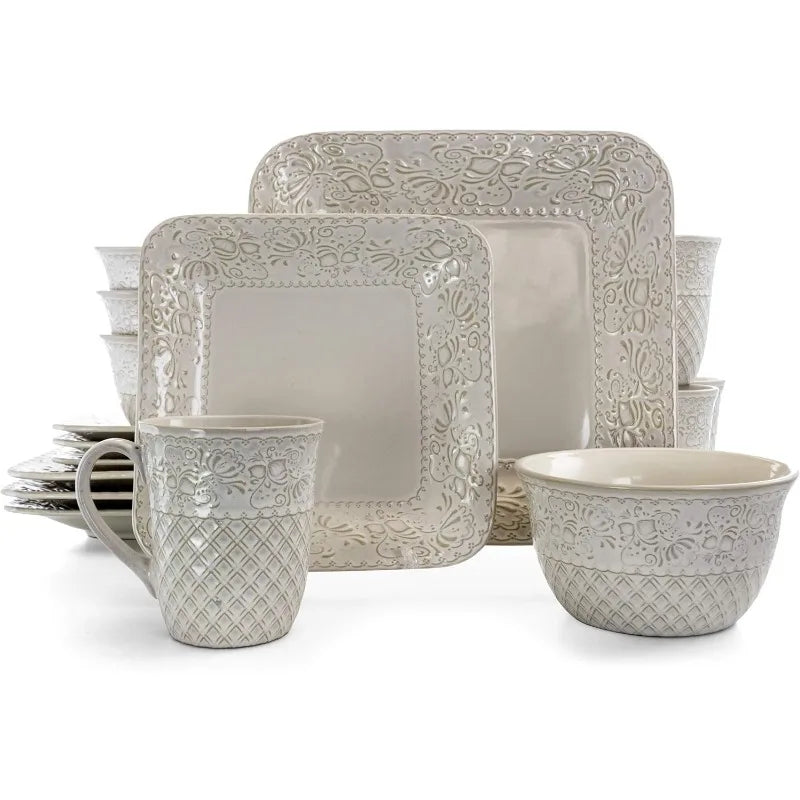 Contemporary Square Embossed Stoneware Dinnerware Dish Set, 16 Piece