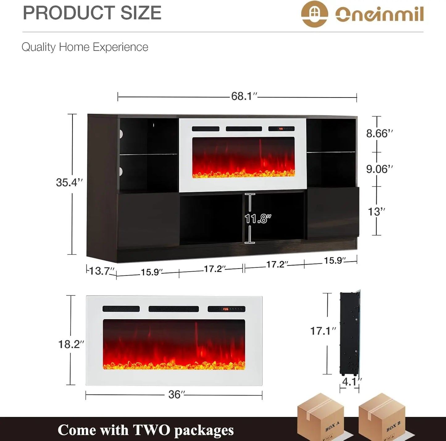 Fireplace TV Stand with 36” Electric Fireplace, 70” TV Console Stand for TVs Up to 80", LED Lights, Entertainment Center,