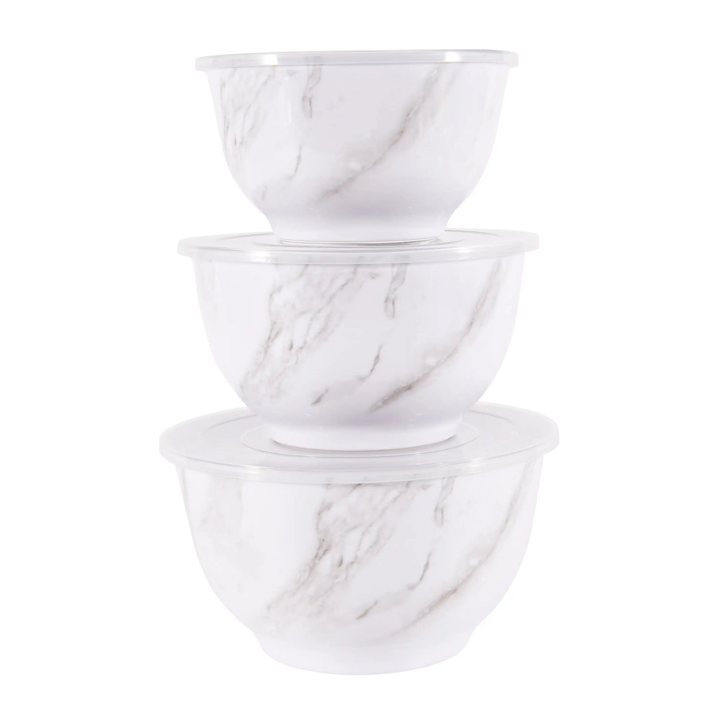 6-Piece White Marble Print Melamine Serving Bowl Set with Lids