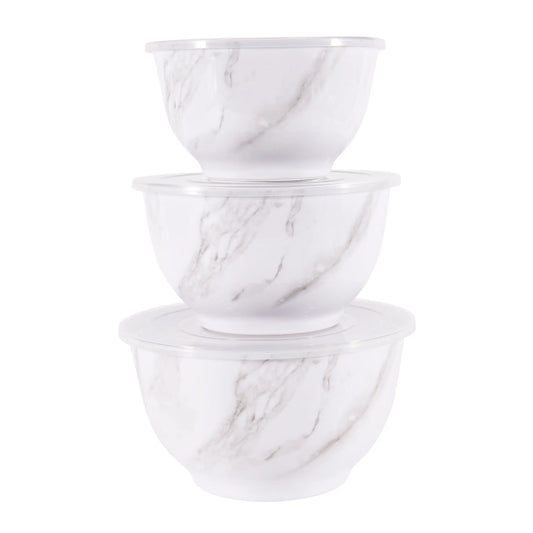 6-Piece White Marble Print Melamine Serving Bowl Set with Lids