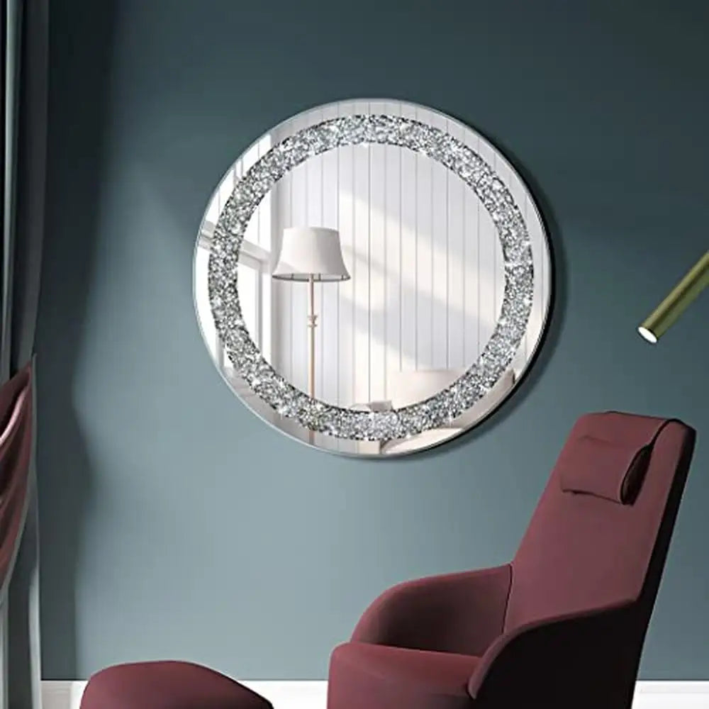 24x24 Inch Frameless Crystal Diamond Round Glass Wall Mirror