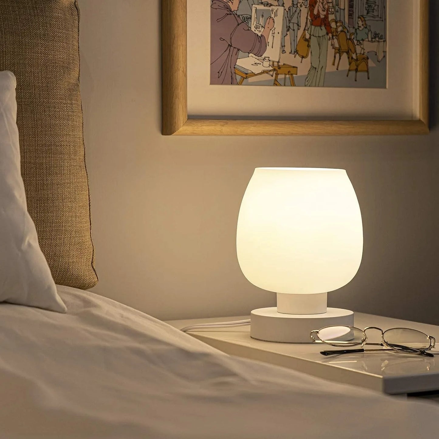 Set Of 2 -White Opal Glass Bedside Table Lamp