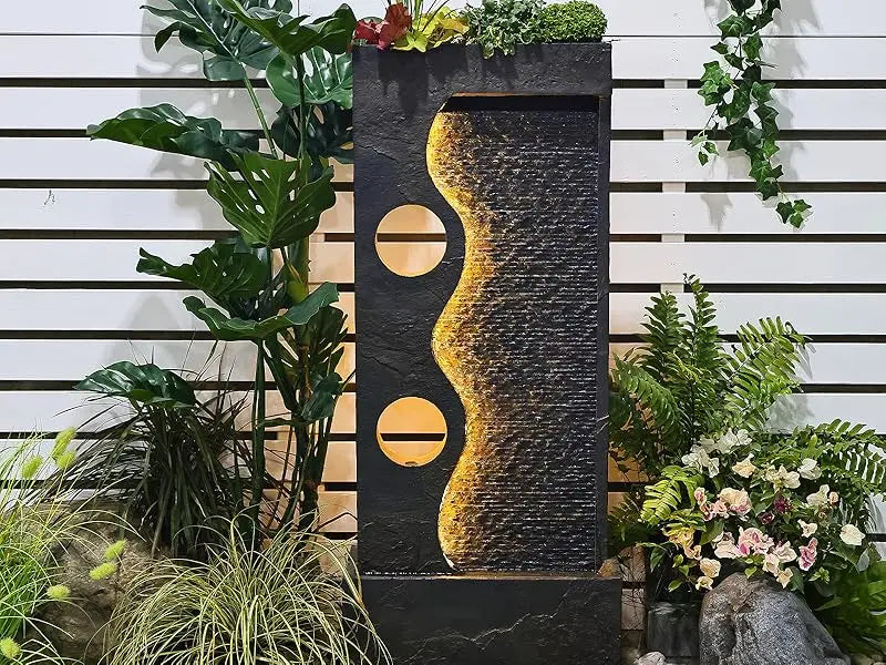 47 Inch Outdoor Fountain with LED Light Strip, Dark Gray, Imitation Rust Finish