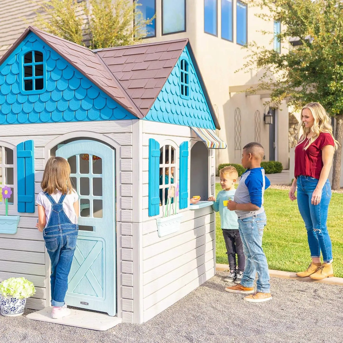 Plastic Outdoor Playhouse, Door with Mail Slot and Working Doorbell, Play Sink and Stove Combo, Toy Food, Pans, and Utensils