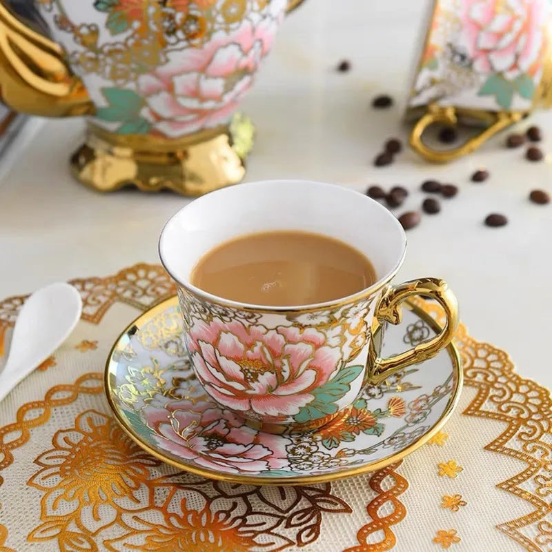 Gold Plated Red Rose Ceramic Vintage Tea Set, with Teapot