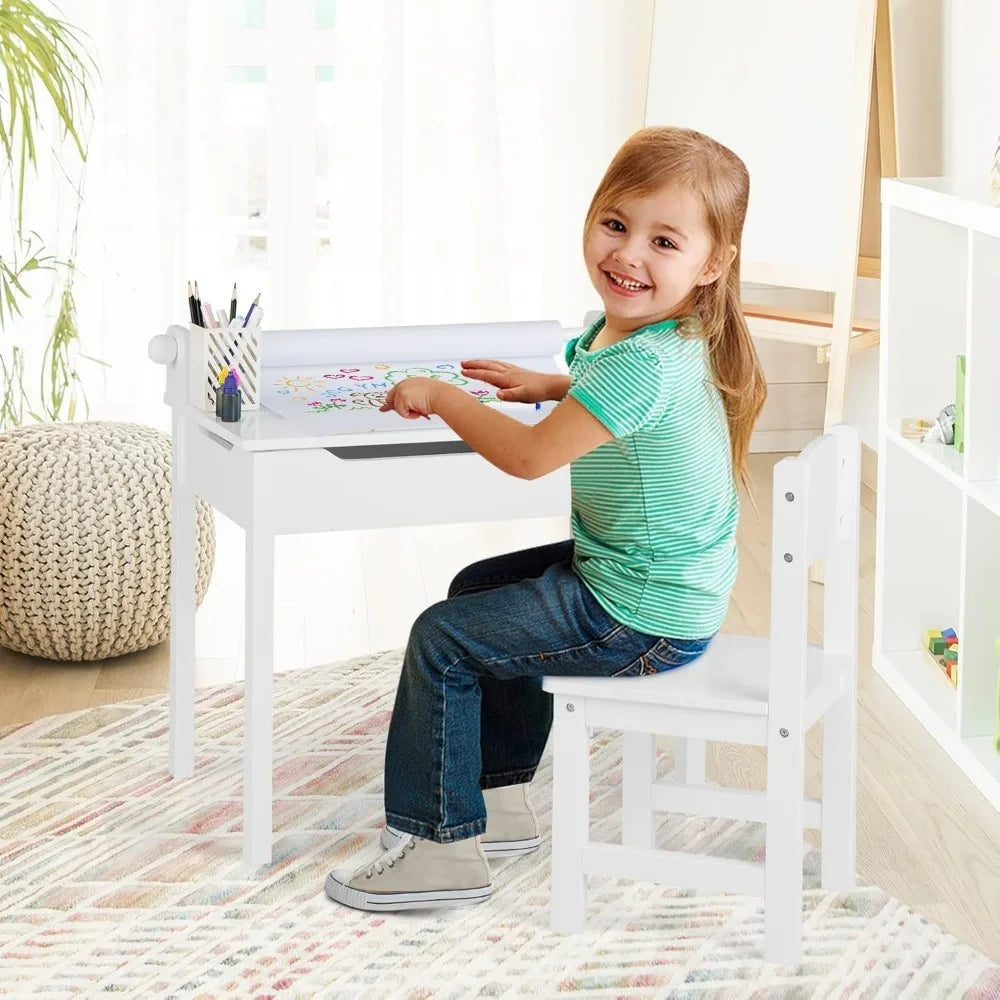 Kid's Wooden Lift-Top Desk & Chair Activity Table Set with Storage, Paper Roll Holder & Pen Slot