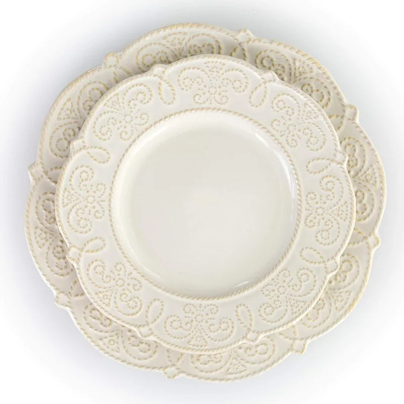 Round Decorated Scallop Embossed Dinnerware Dish Set, 16 Piece