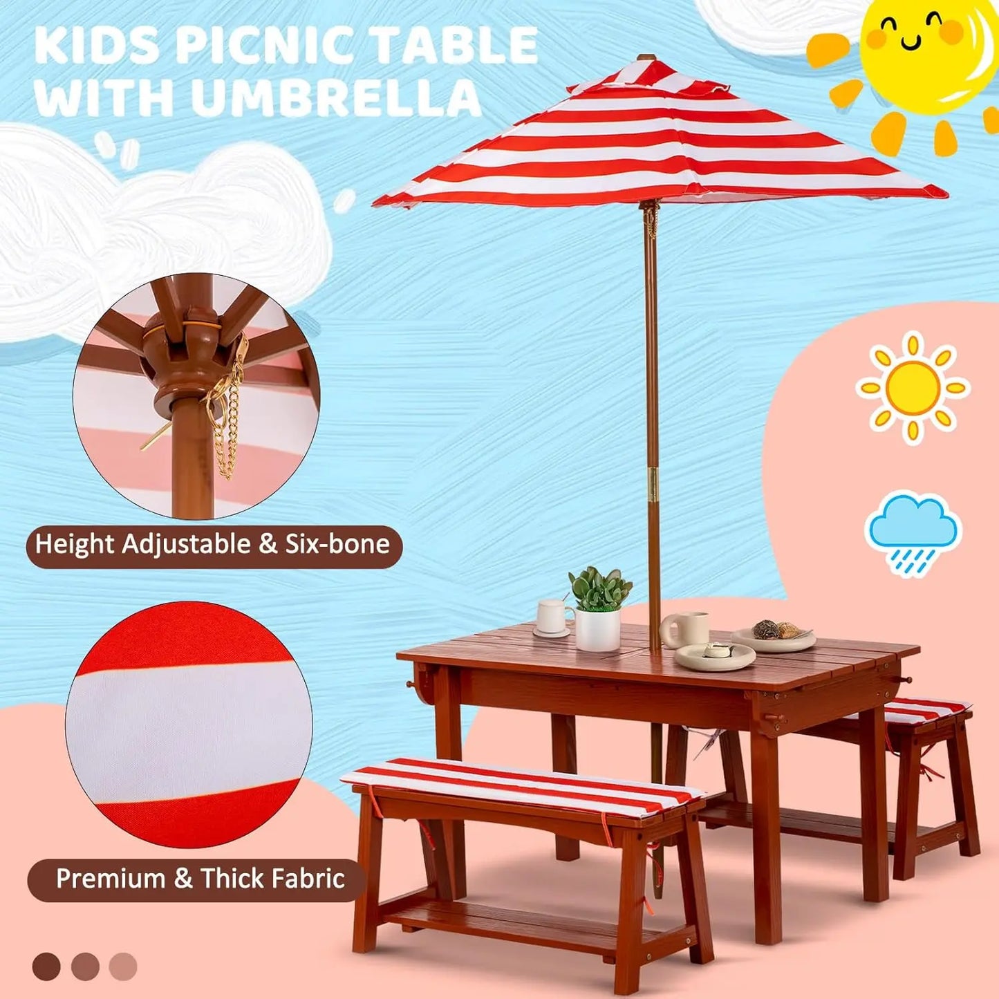 Outdoor Wooden Table & Bench Set W/Cushions & 2 Removable Boxes