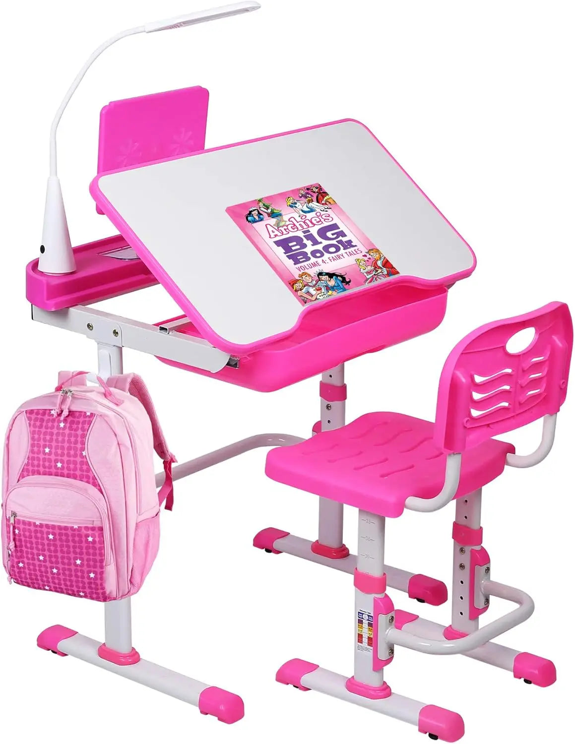 Children's Desk and Chair- Height-adjustable Study and Writing Table with Tilting Table Top, LED Light,