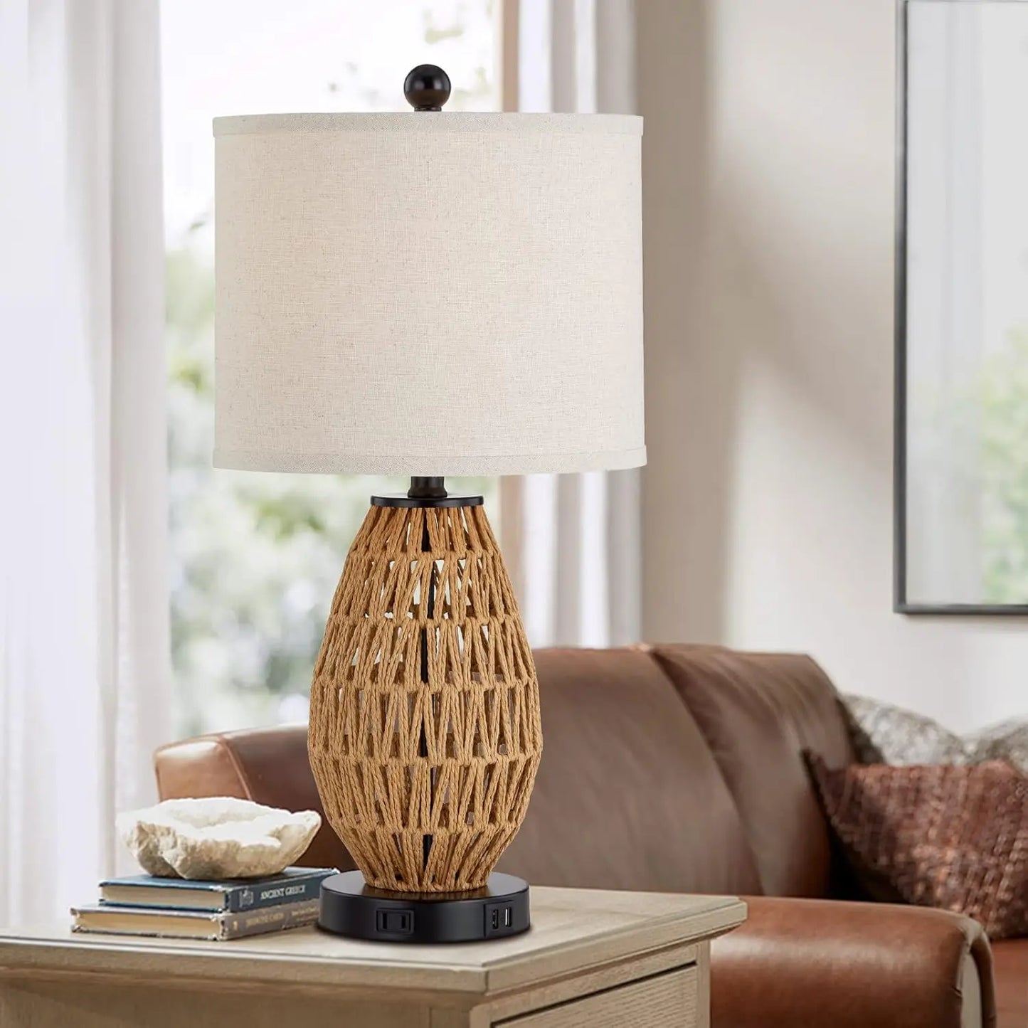 3 Way  Touch Control Rattan Table Lamps, Set of 2, with 2 USB Ports and AC Outlet