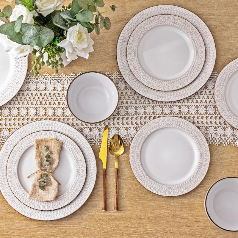 Embossed Elegant Stoneware Plates and Bowls Sets