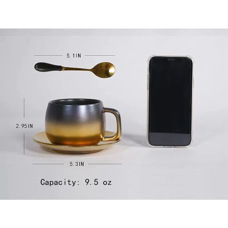 Black Gold European Style Ceramic Coffee Mug Set With Spoon & Saucer