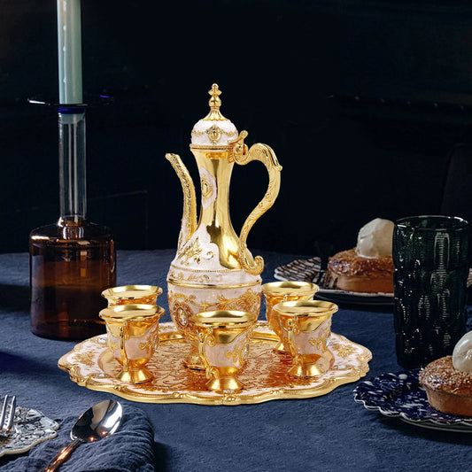 Vintage Turkish Tea Set with 6 Cups, Teapot, and Decorative Tray