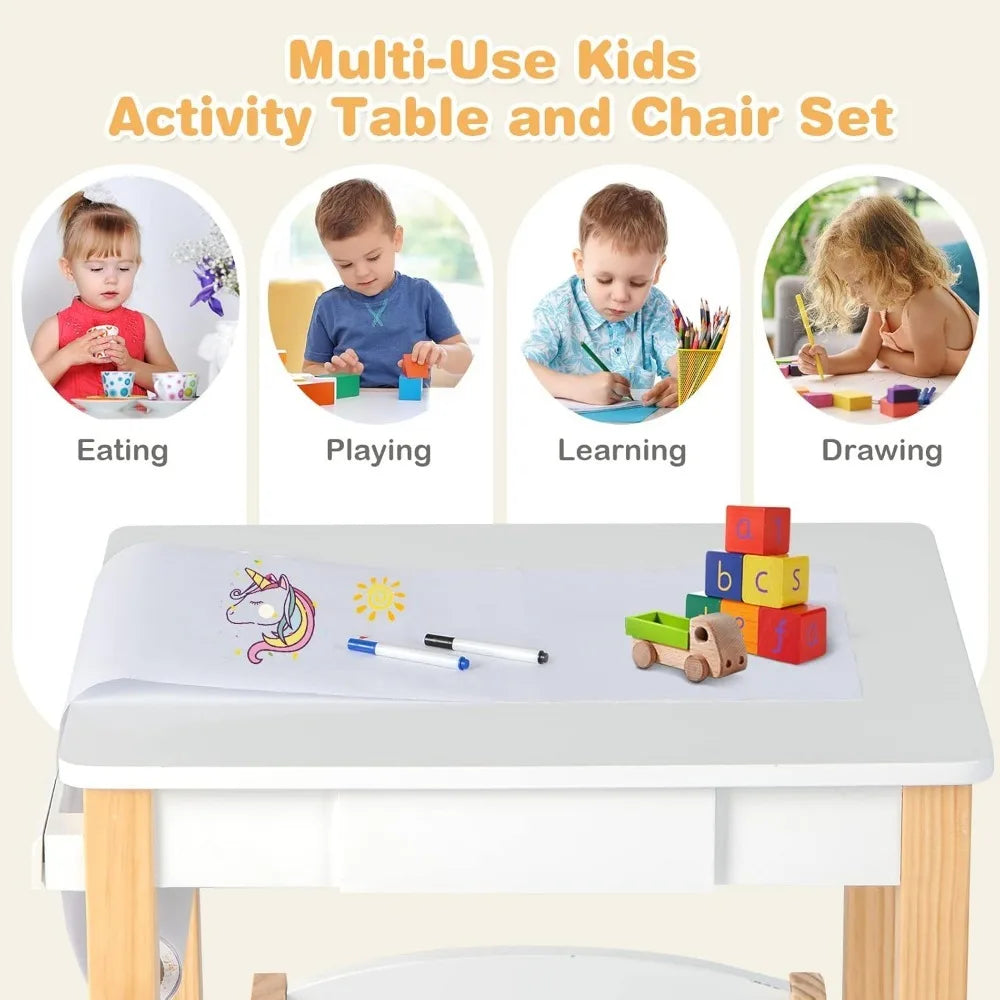 Kid's Wooden Lift-Top Desk & Chair Activity Table Set with Storage, Paper Roll Holder & Pen Slot