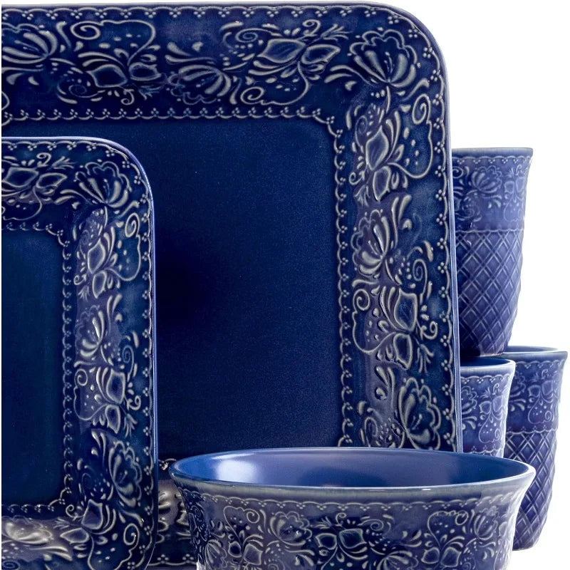 16 Piece Contemporary Square Embossed Stoneware Dinnerware Set