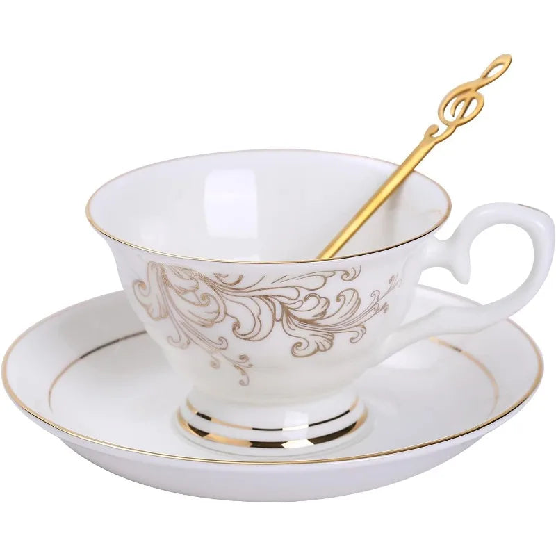 22-Pieces Porcelain Bone China Tea Sets, Gold Rim Coffee Set with Golden Metal Rack