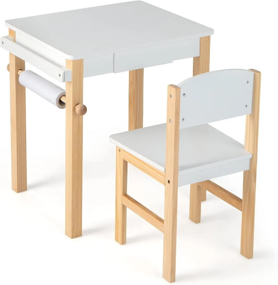 Kid's Wooden Lift-Top Desk & Chair Activity Table Set with Storage, Paper Roll Holder & Pen Slot