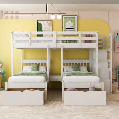 Wood Full over Twin & Twin Bunk Bed,Triple Bunk Bed with Drawers