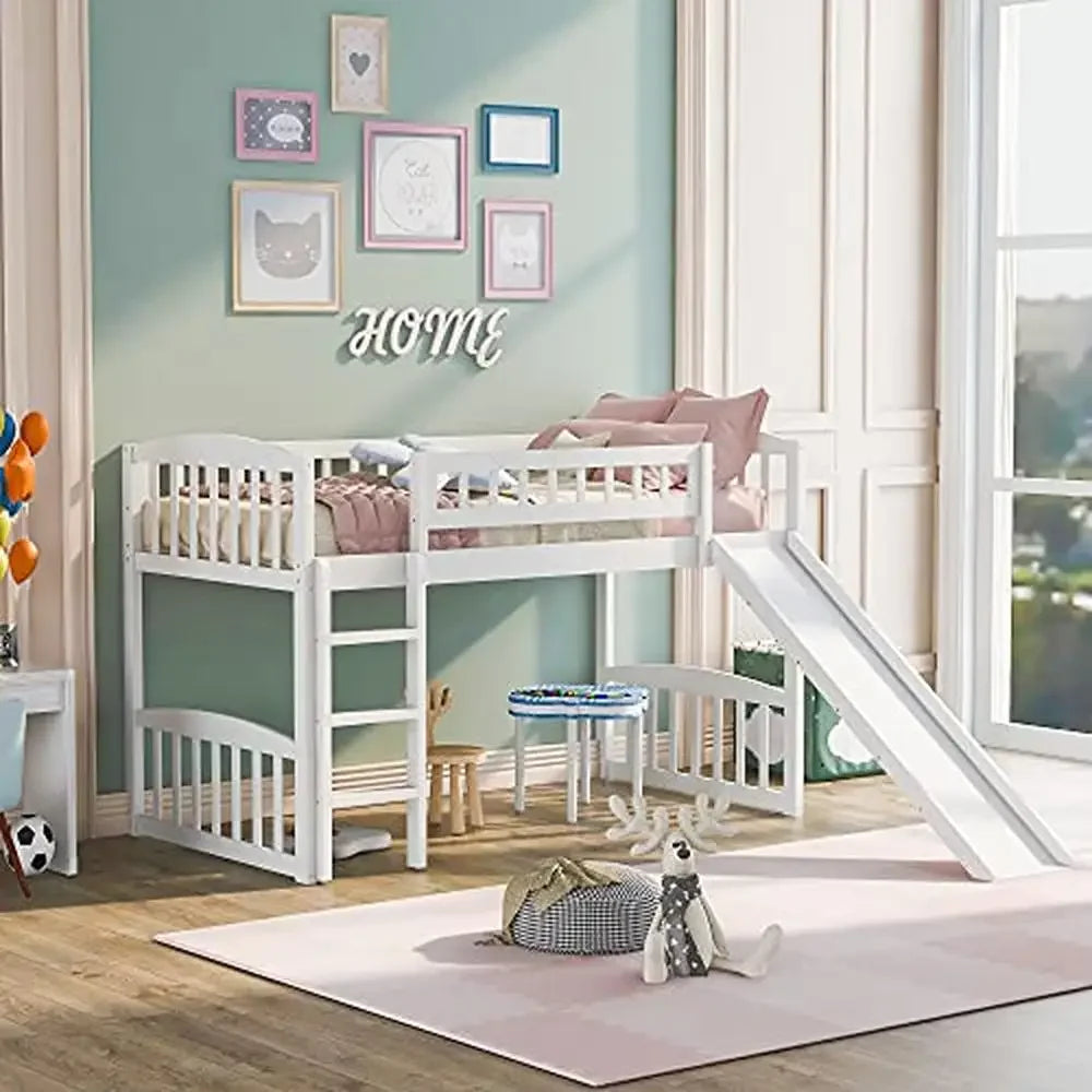 Kids' Wood White Pine Twin Loft Bed with Slide and Ladder