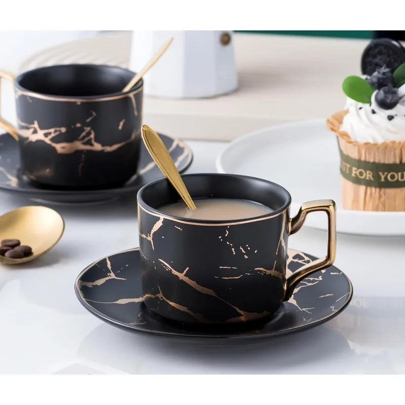 Set of 4- Hand Printed Golden Matte Ceramic Marble Coffee/Tea Cups with Spoons and Cup Holder