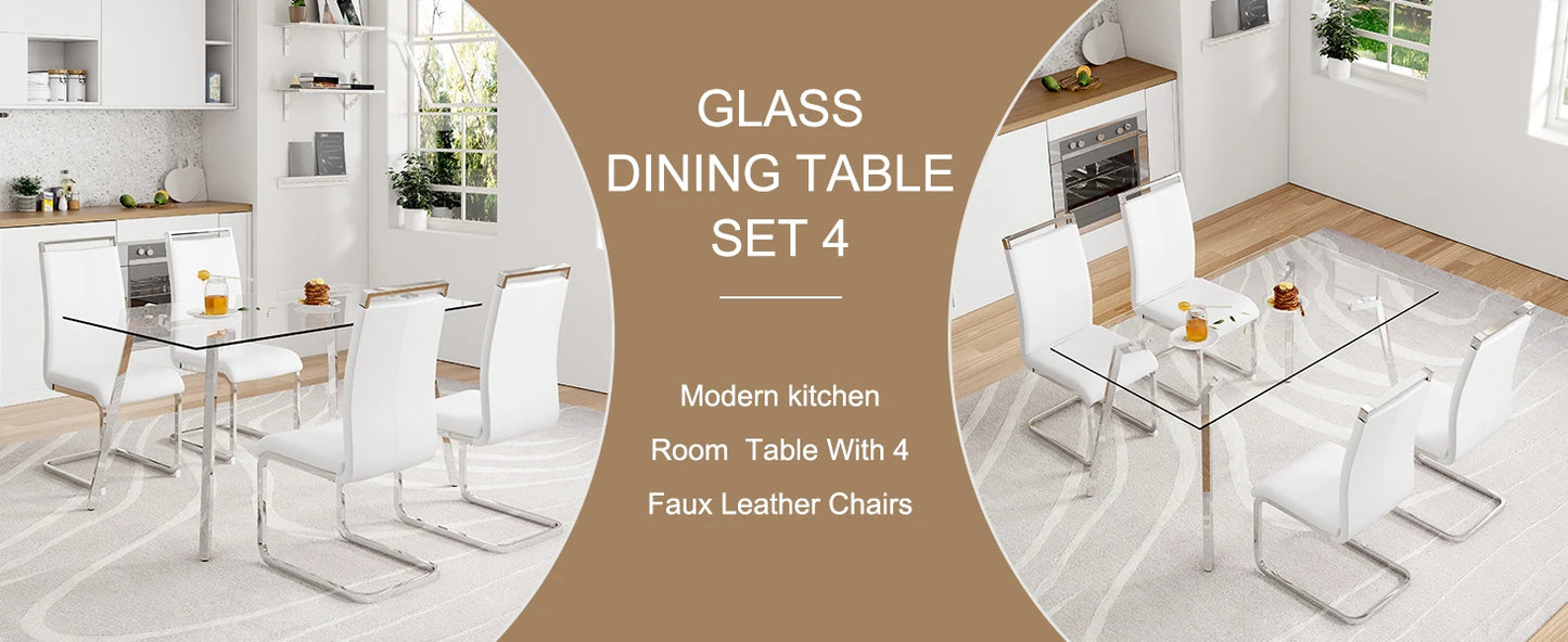 Rectangle Dinner Table with 4 White Leather Kitchen Chairs