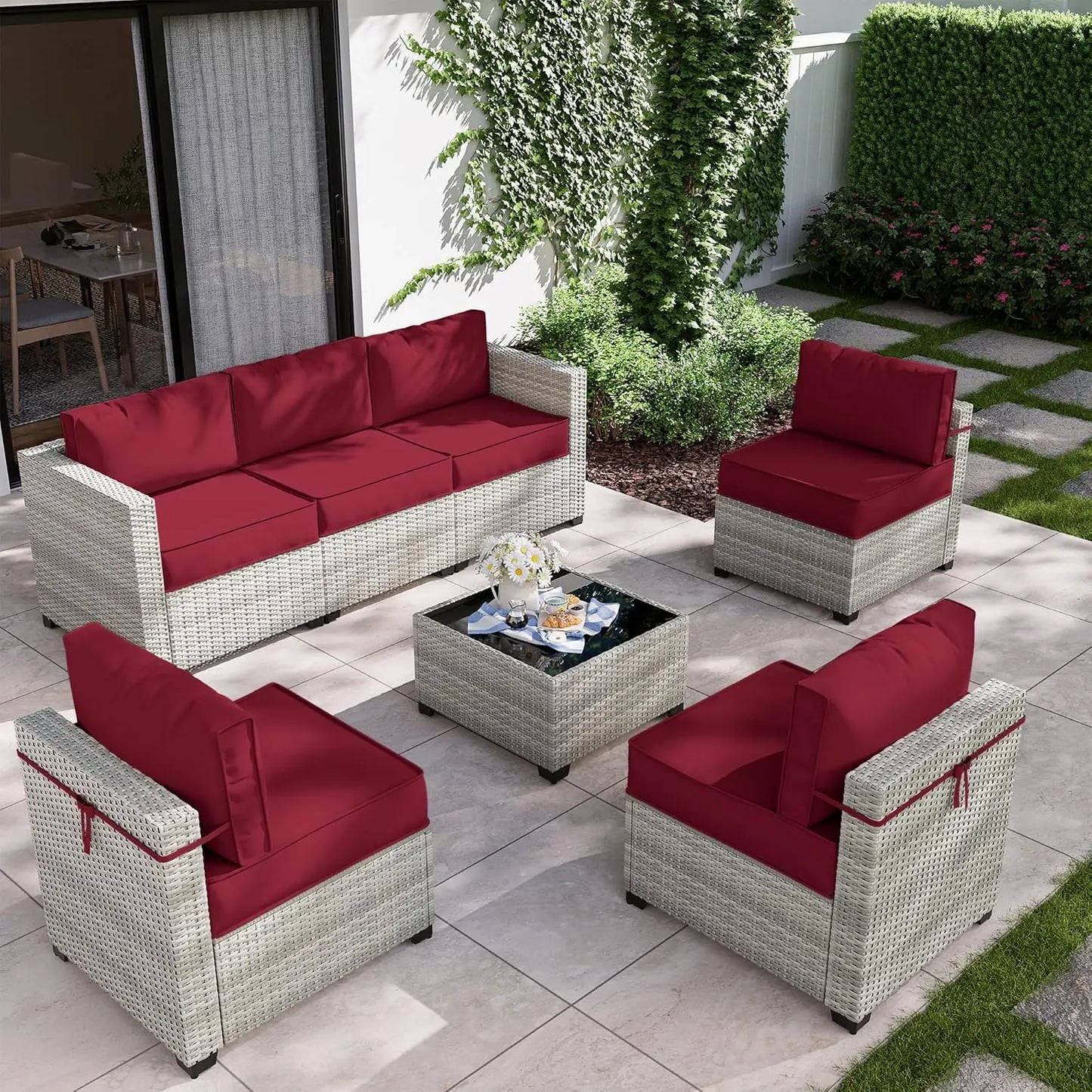 8 Piece Wicker Patio Furniture Set Includes 4 Center Sofas, 2 Corner Sofas, 1 Gas Fireplace Table, And A Tempered Glass Coffee Table